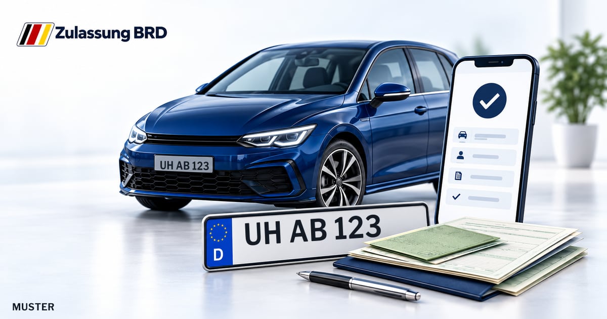 Online Fahrzeugzulassung in Mühlhausen: Musterkennzeichen UH AB 123, Auto und Fahrzeugpapiere und Smartphone. Illustration mit Logo von Zulassung BRD.